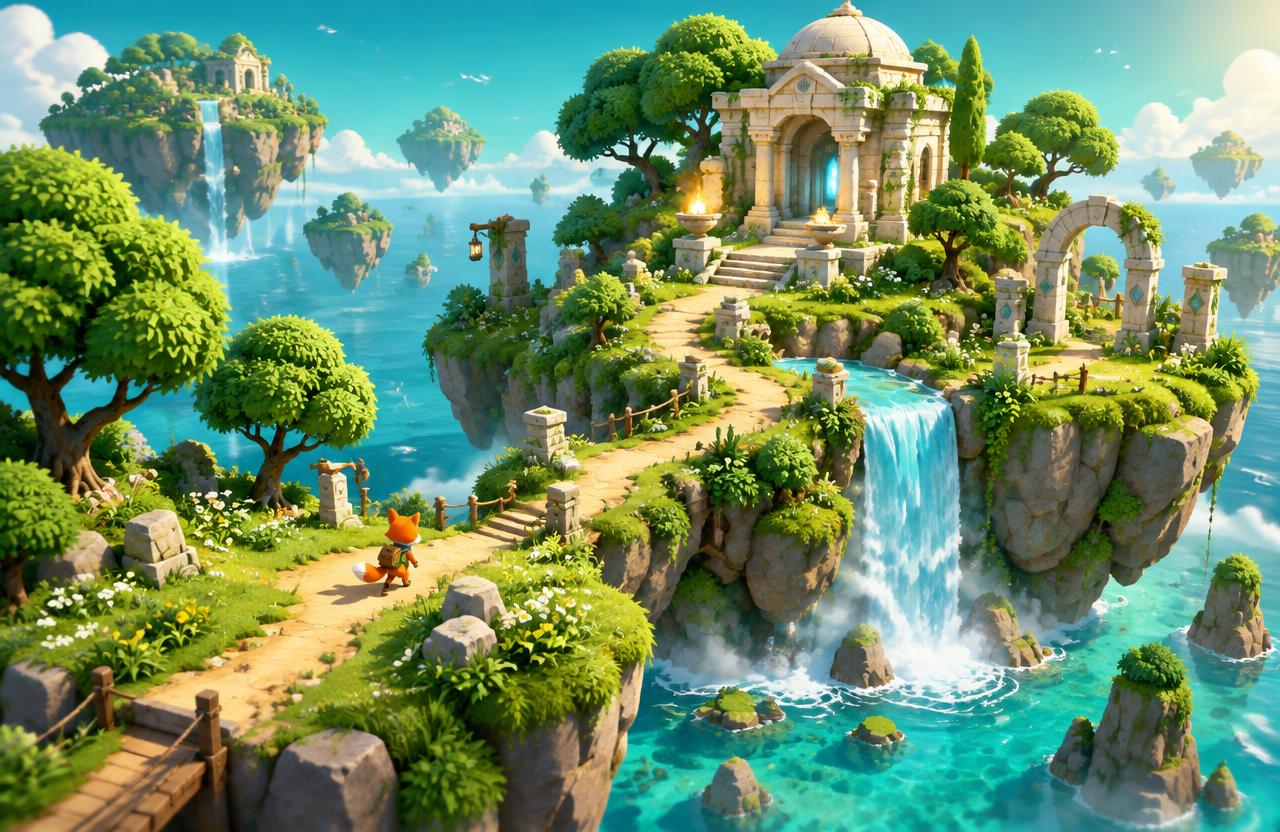 Illustrative mobile game world with floating islands, a waterfall, and a fox adventurer