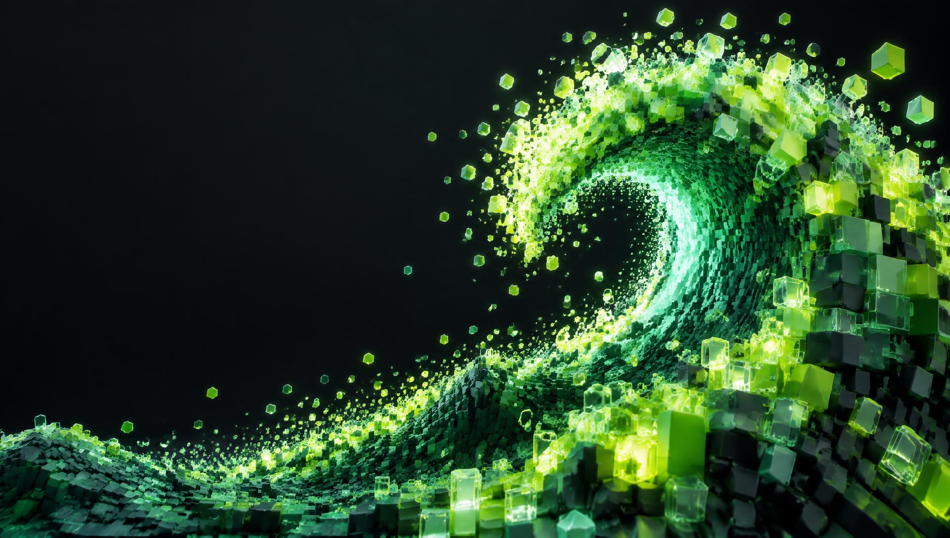 A sculptural wave made of luminous green voxels